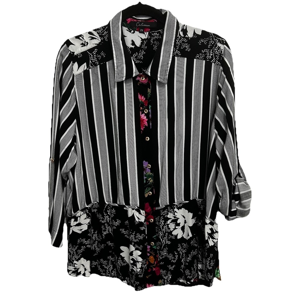 Calessa White Black Colorful Floral Striped Tunic Top Roll Tab Boho Mixed Media